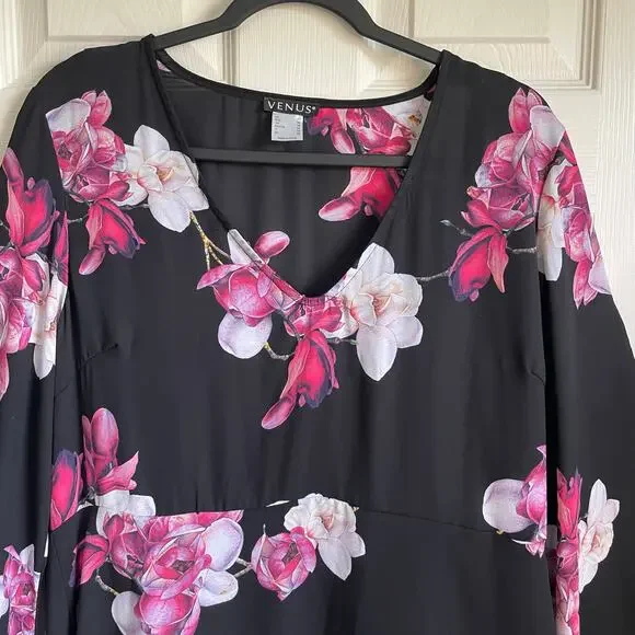Venus Hi-Low Dress Sz 18 V-Neck Black Pink Floral Liner Bell Cut Out Sleeves - Picture 3 of 15